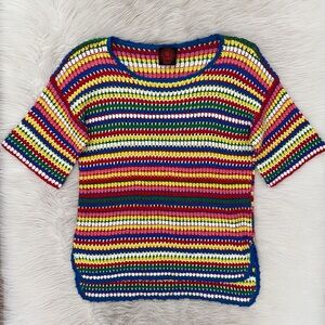 Happy Sheep Rainbow Red Blue Pink Crochet Short Sleeve Step Hem Shirt Tunic Top